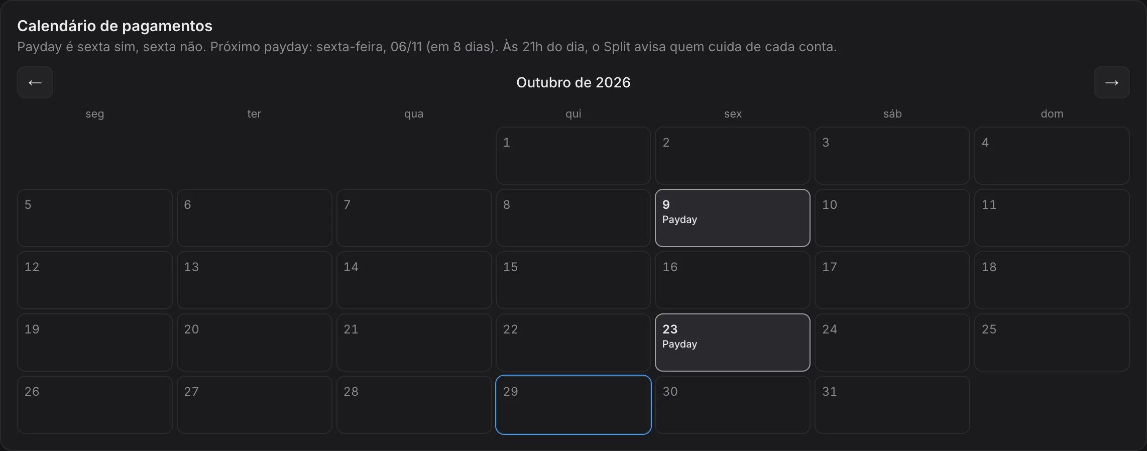 Calendário de Payday e pagamentos registrados